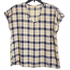 Cotton Bleu Plaid Short Sleeve Top Blouse Boxy Oversized Small